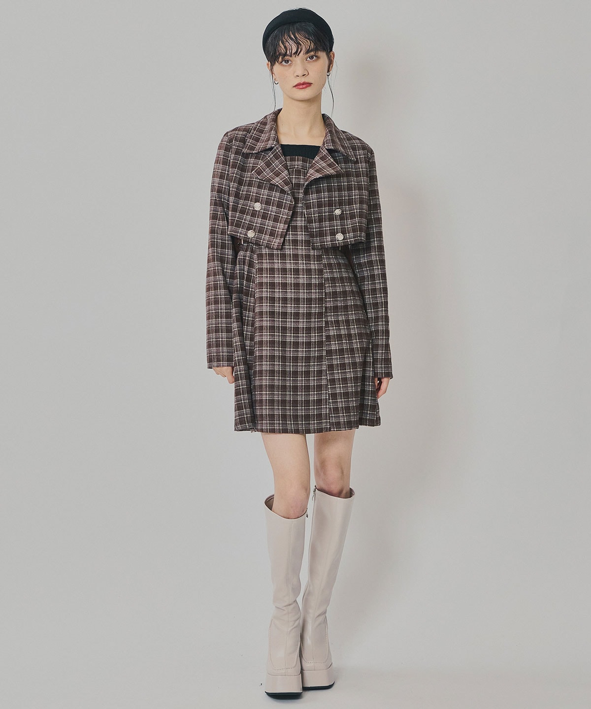 チェックショートジャケット×Wベルトワンピースセットアップ