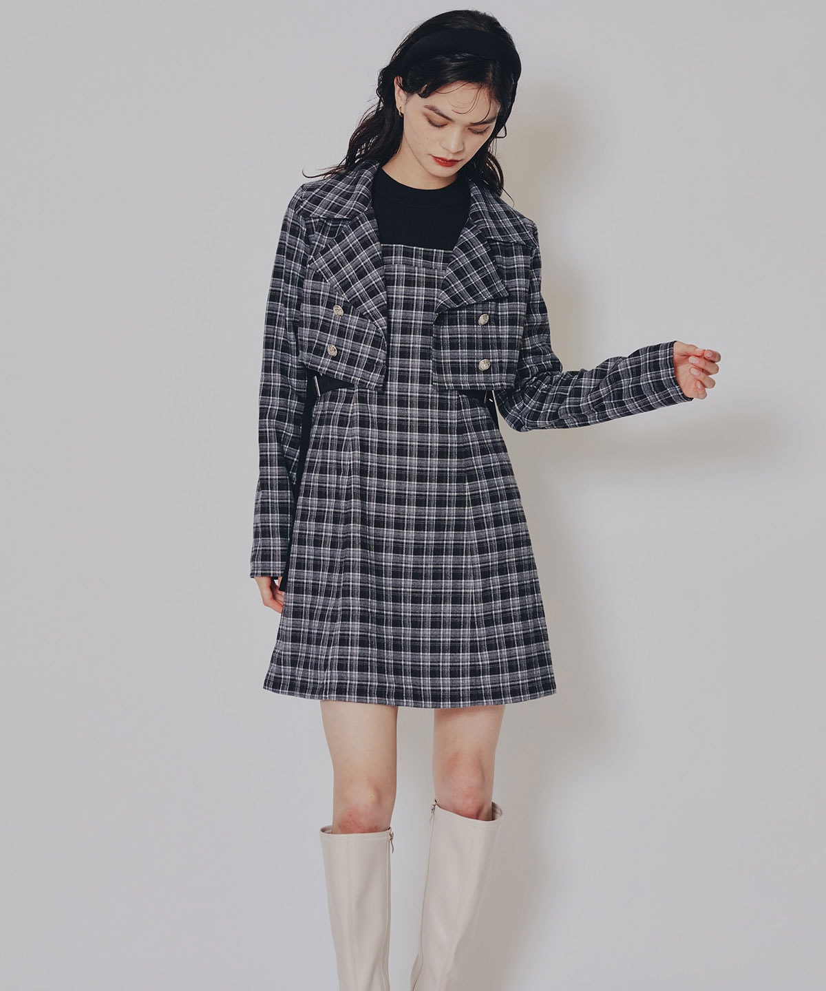 チェックショートジャケット×Wベルトワンピースセットアップ