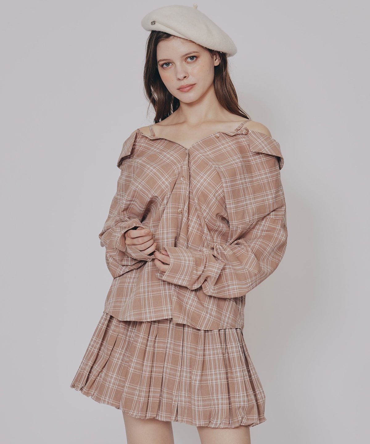 マルチWAYチェックブラウス×バルーンスカートセットアップ