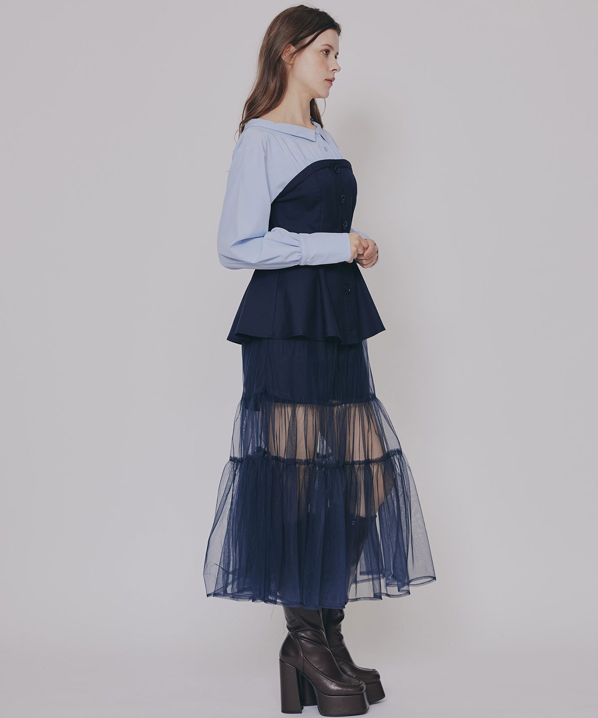 シャツドッキングチュールワンピース&ショートパンツセットアップ