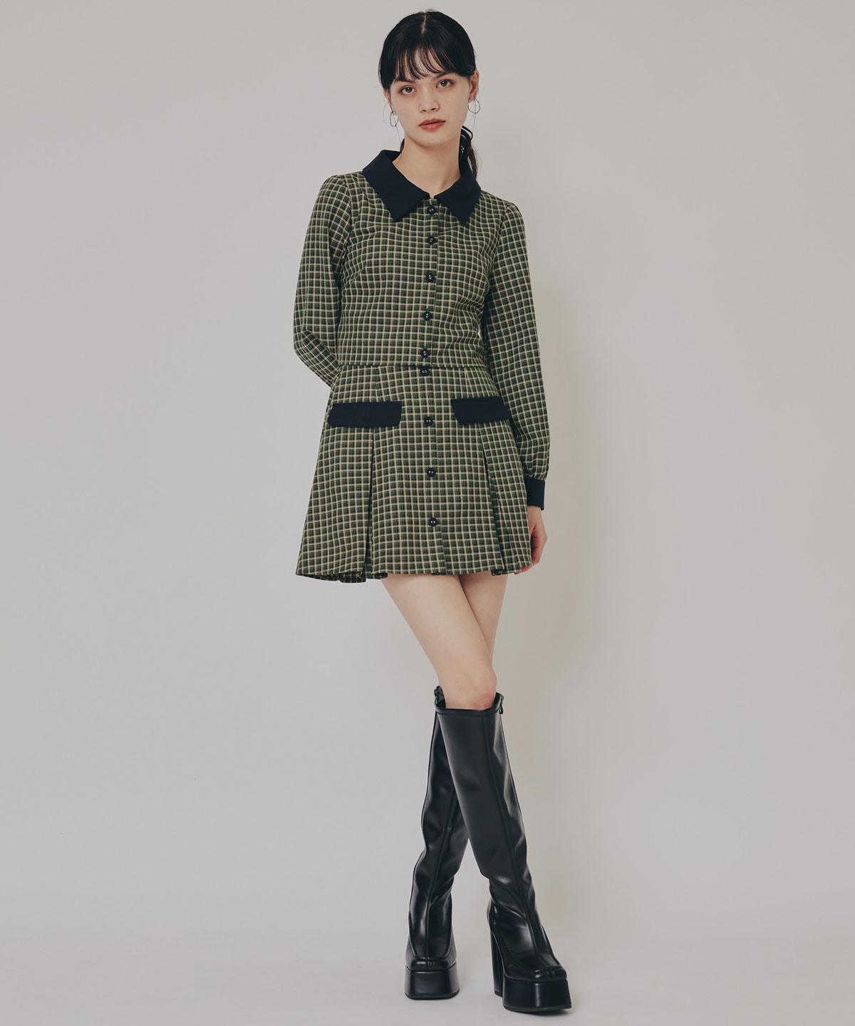 バイカラークラシックチェックブラウス×ミニスカートセットアップ
