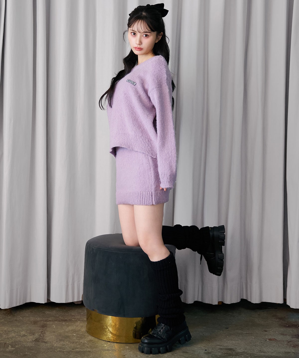 フラッフィニットボーダープルオーバー×タイトミニスカートセットアップ