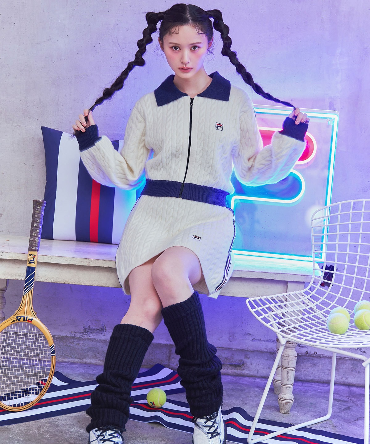 ［FILA×REDYAZEL］ケーブルニットトリコロールラインジャケット×タイトミニスカートセットアップ