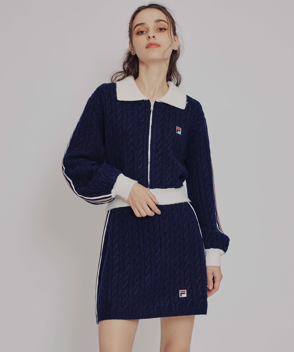 ［FILA×REDYAZEL］ケーブルニットトリコロールラインジャケット×タイトミニスカートセットアップ