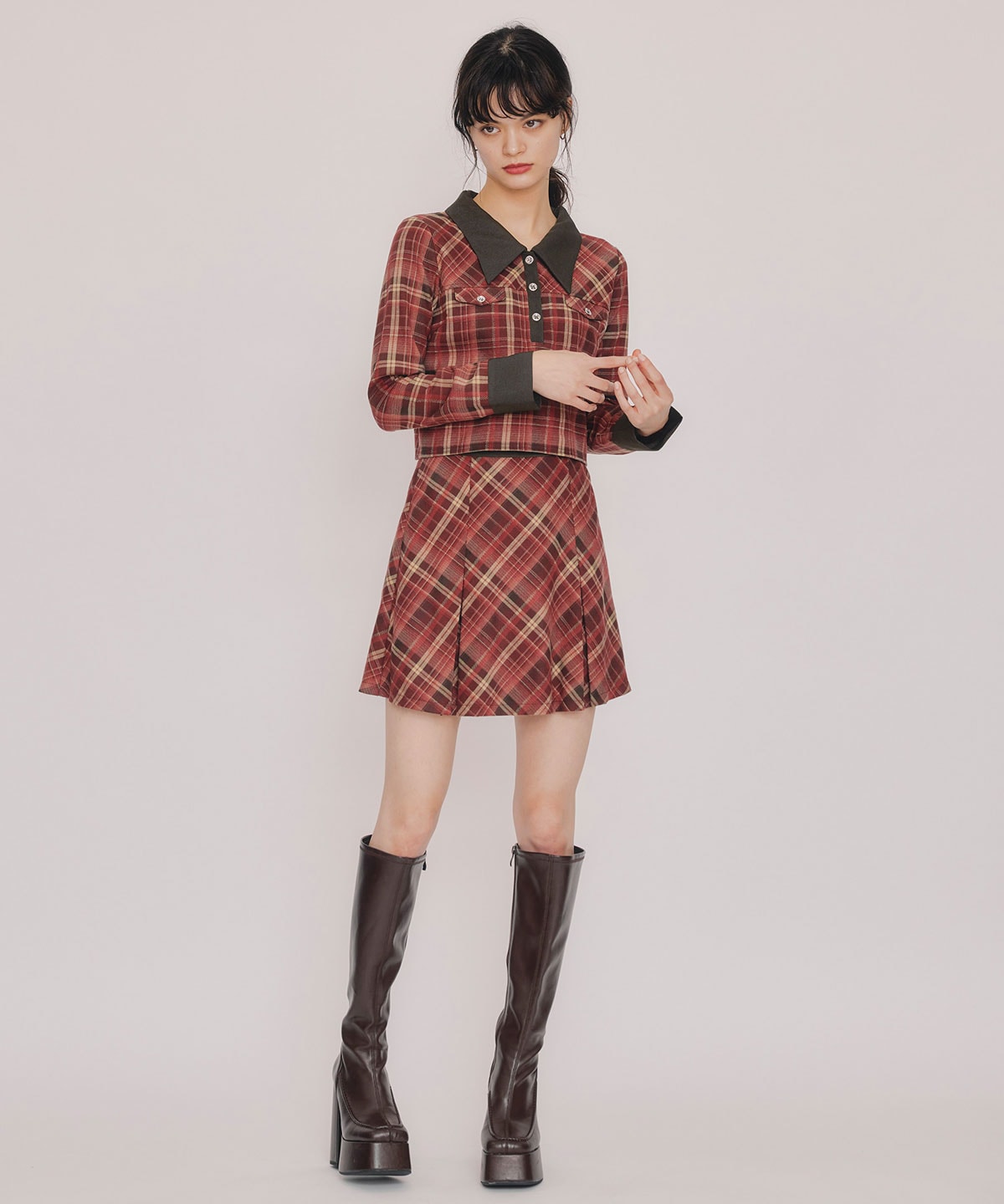 バイアスチェックショートブラウス×プリーツミニスカートセットアップ