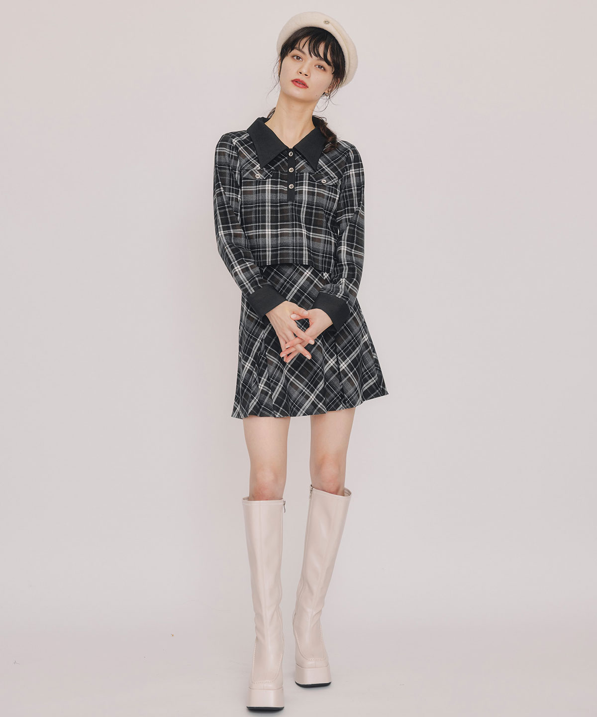 バイアスチェックショートブラウス×プリーツミニスカートセットアップ
