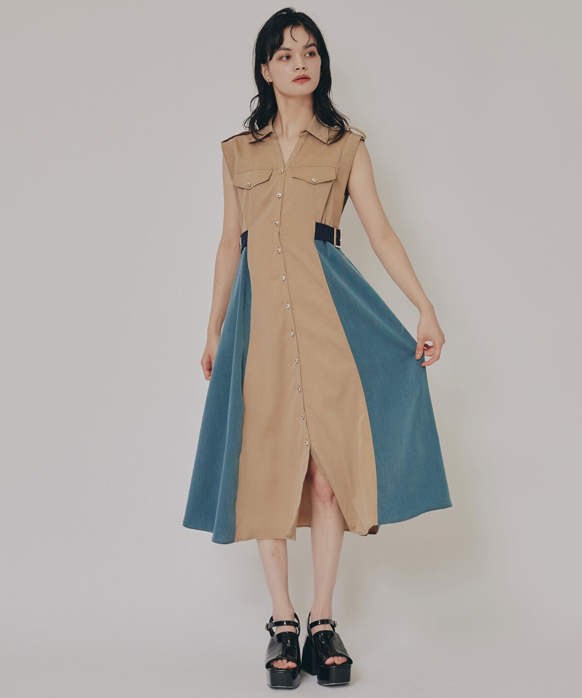 カラーブロックベルトシャツワンピース(F ベージュ): REDYAZEL