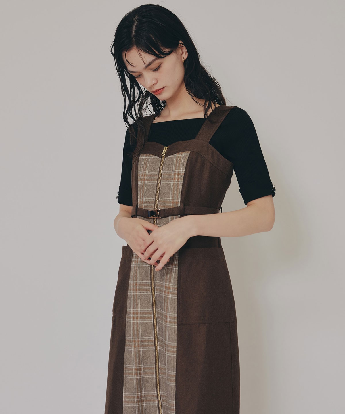 フロントジップバイカラーチェックワンピース