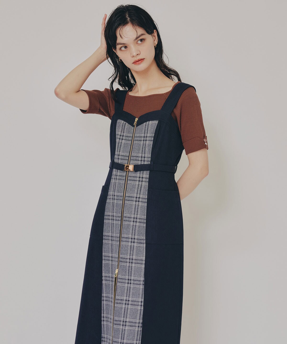 フロントジップバイカラーチェックワンピース