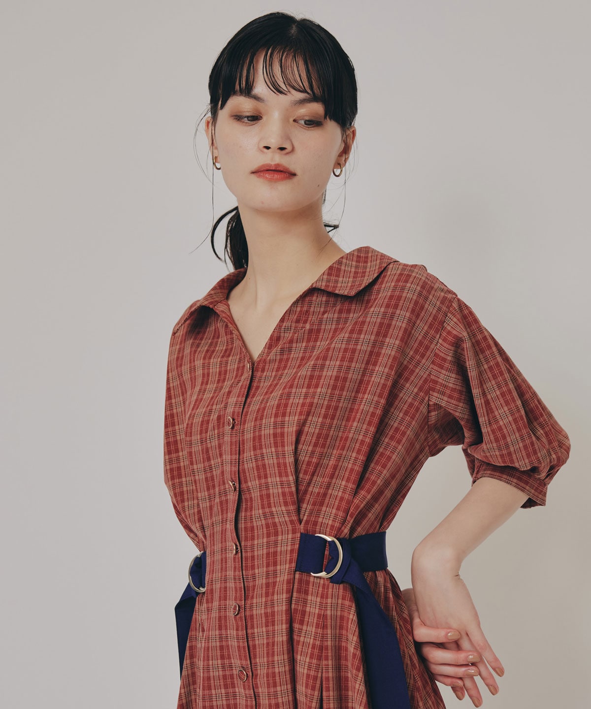 チェックバイカラーウエストベルトシャツワンピース