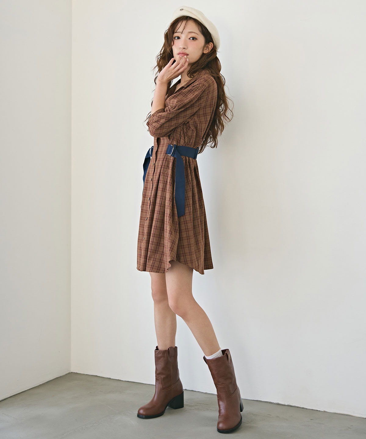 チェックバイカラーウエストベルトシャツワンピース