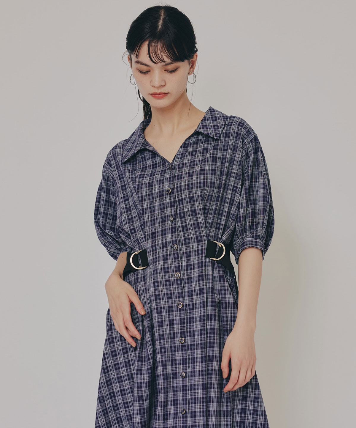 チェックバイカラーウエストベルトシャツワンピース