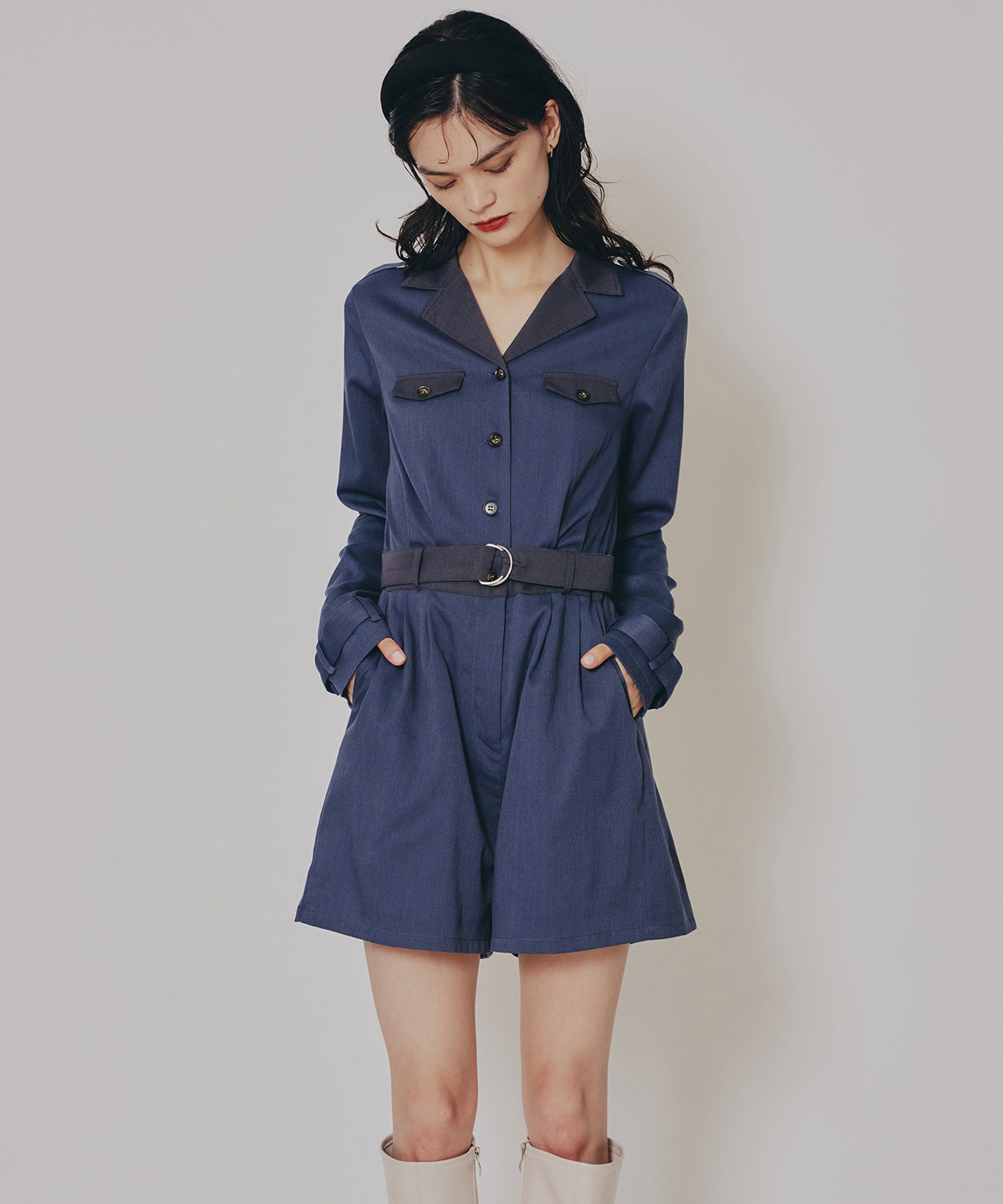 バイカラーベルトショートオールインワン