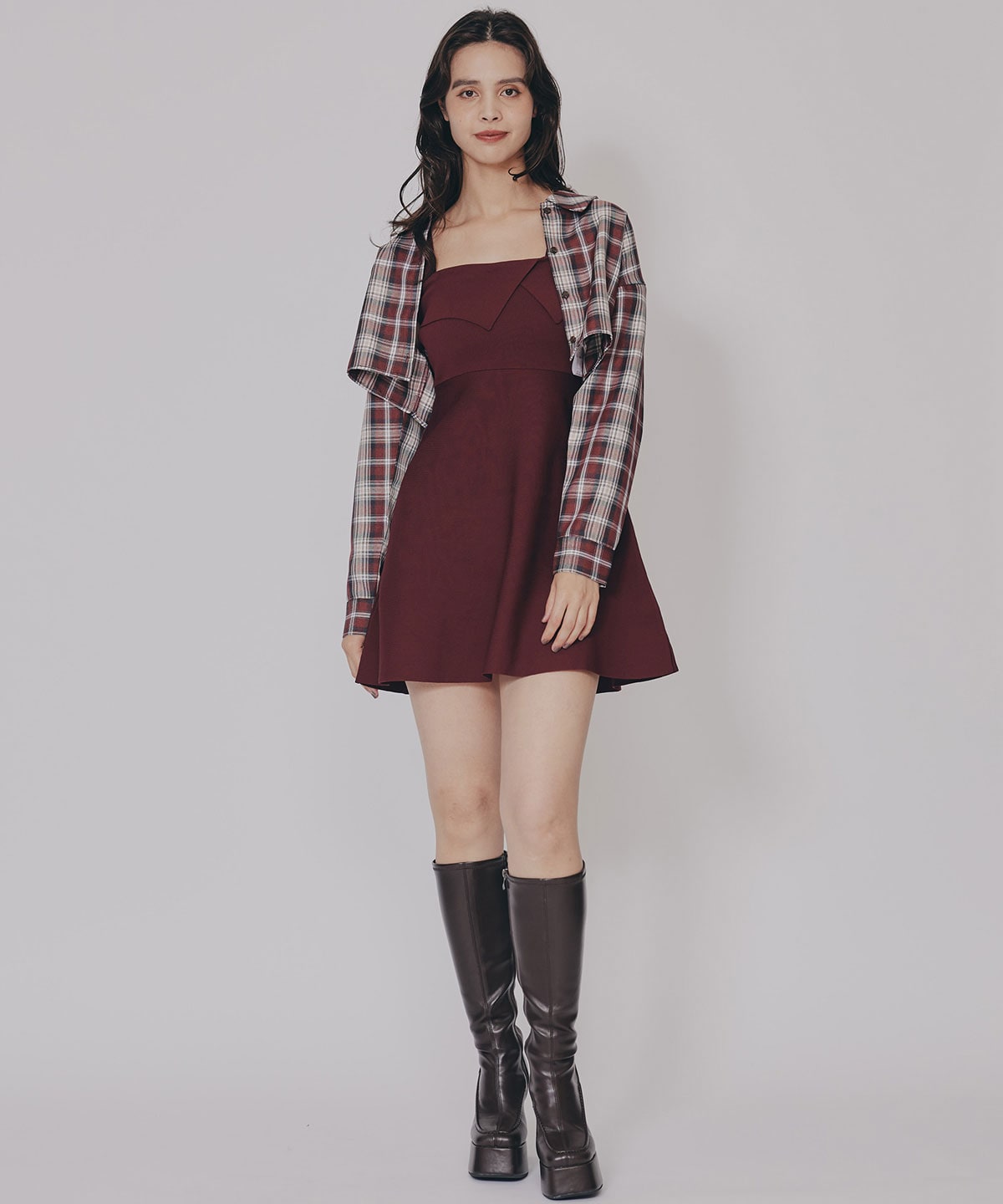 チェックショートシャツ×ニットミニワンピース