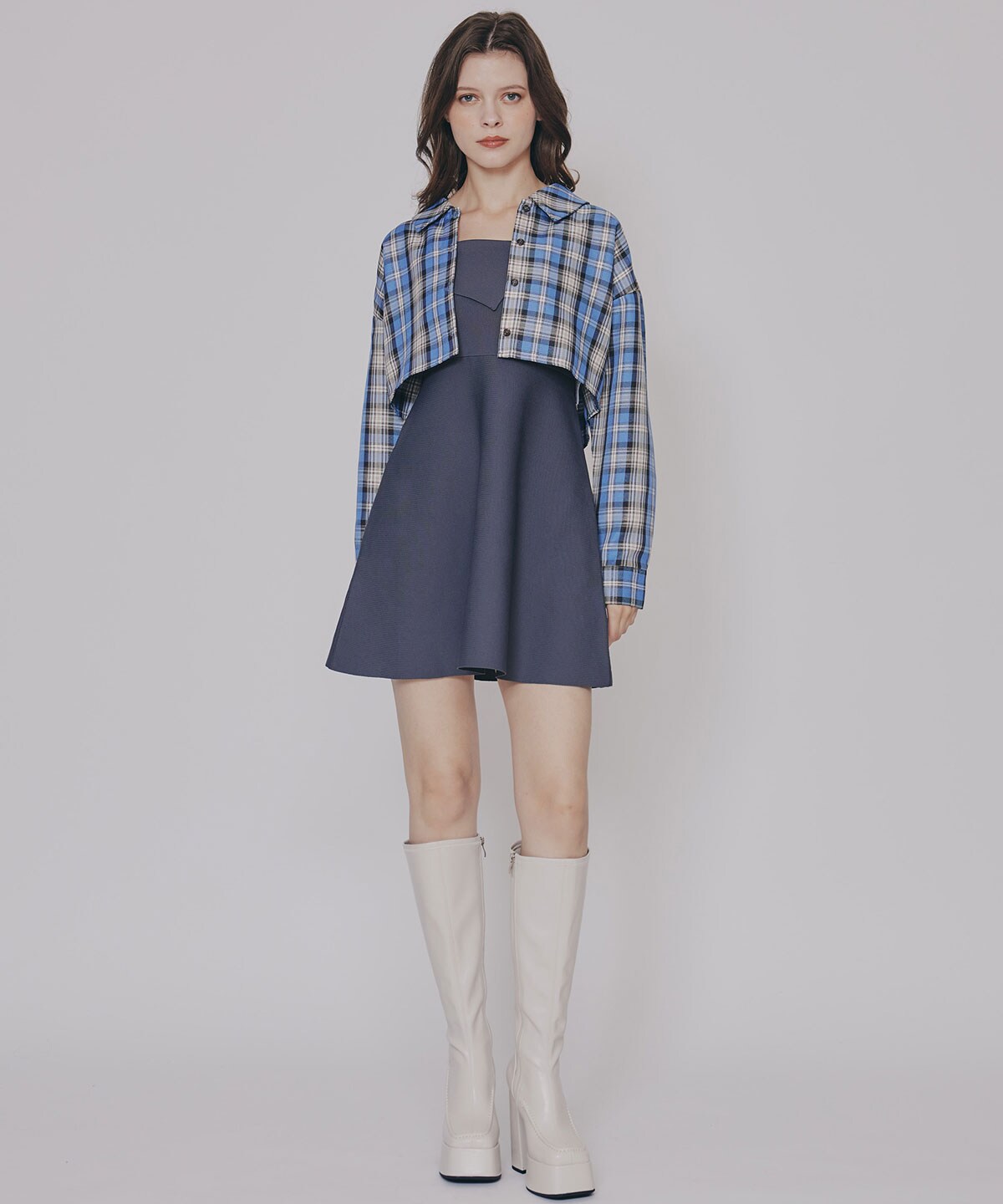 チェックショートシャツ×ニットミニワンピース