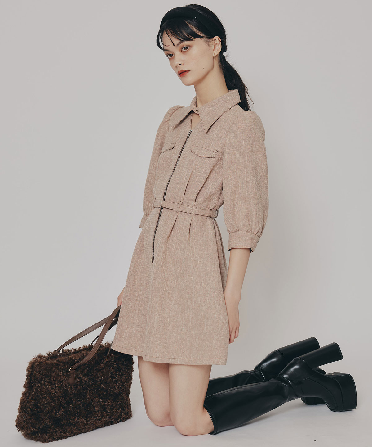 カラーミックスフロントZIPワンピース