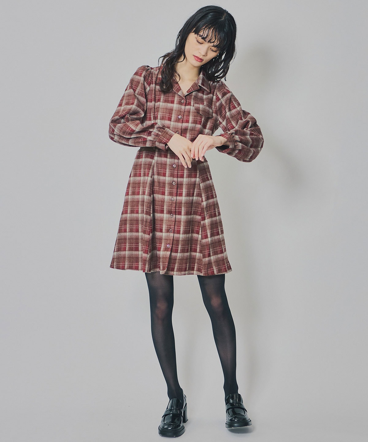 ウエストベルトチェックミニワンピース