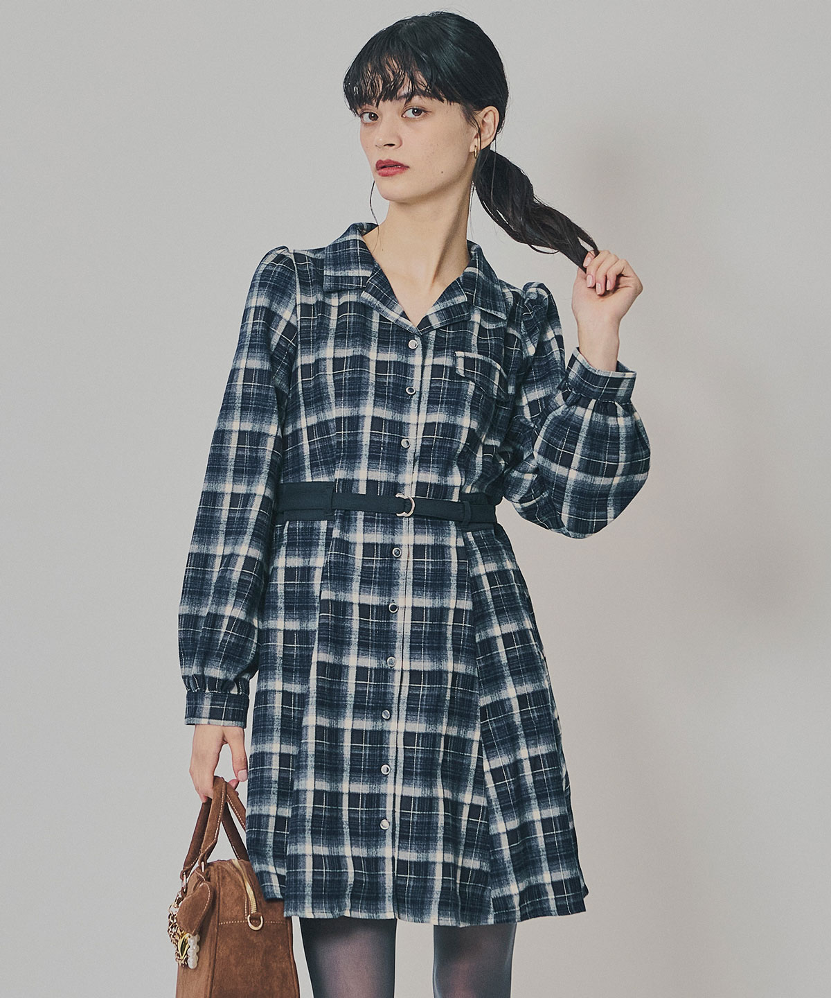 ウエストベルトチェックミニワンピース