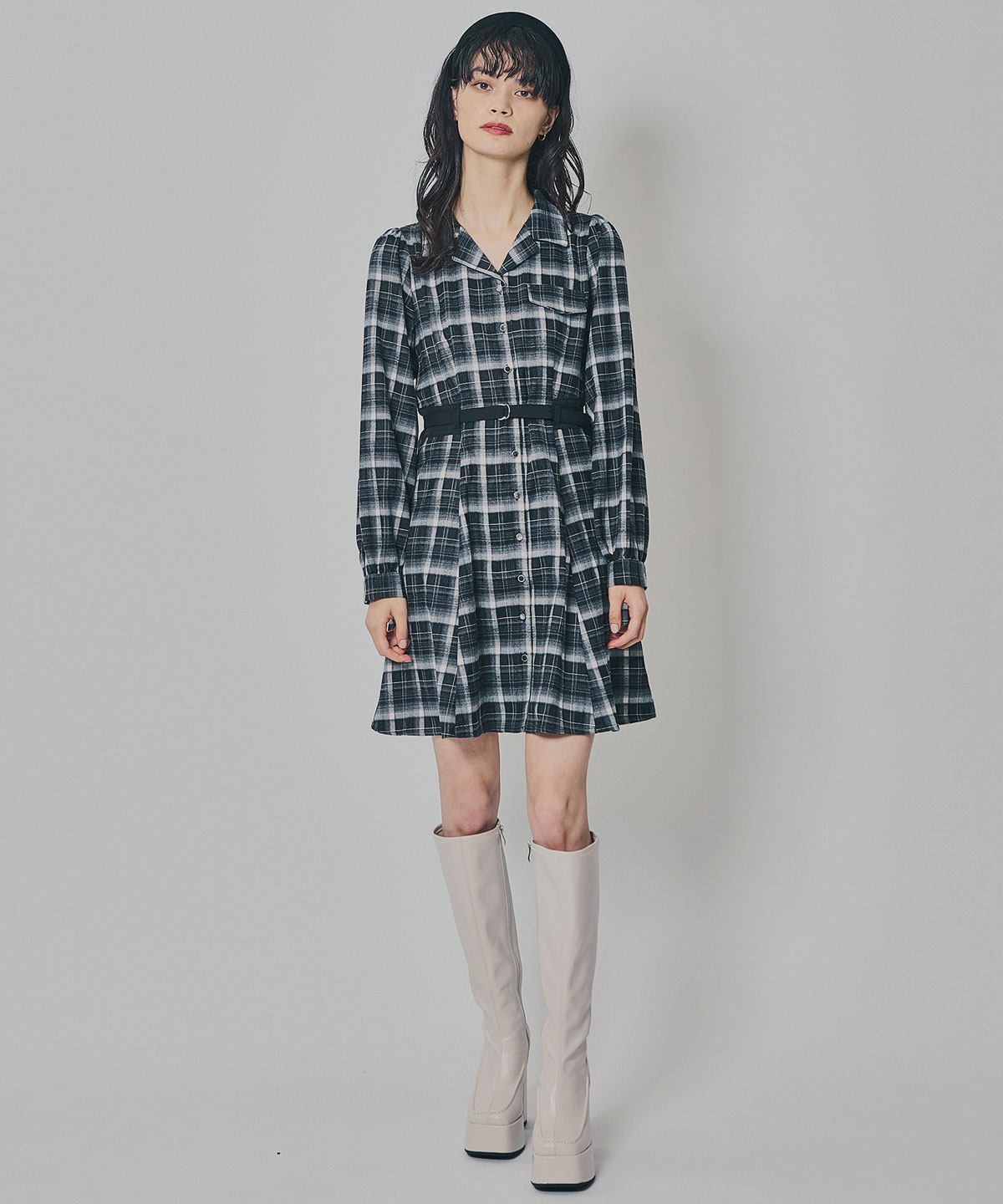 ウエストベルトチェックミニワンピース