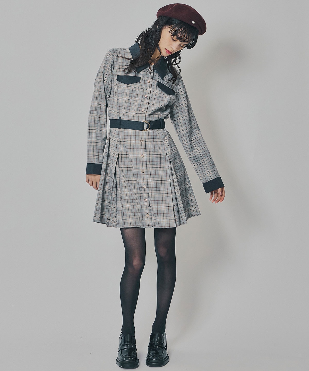 バイカラーチェックボックスプリーツシャツミニワンピース