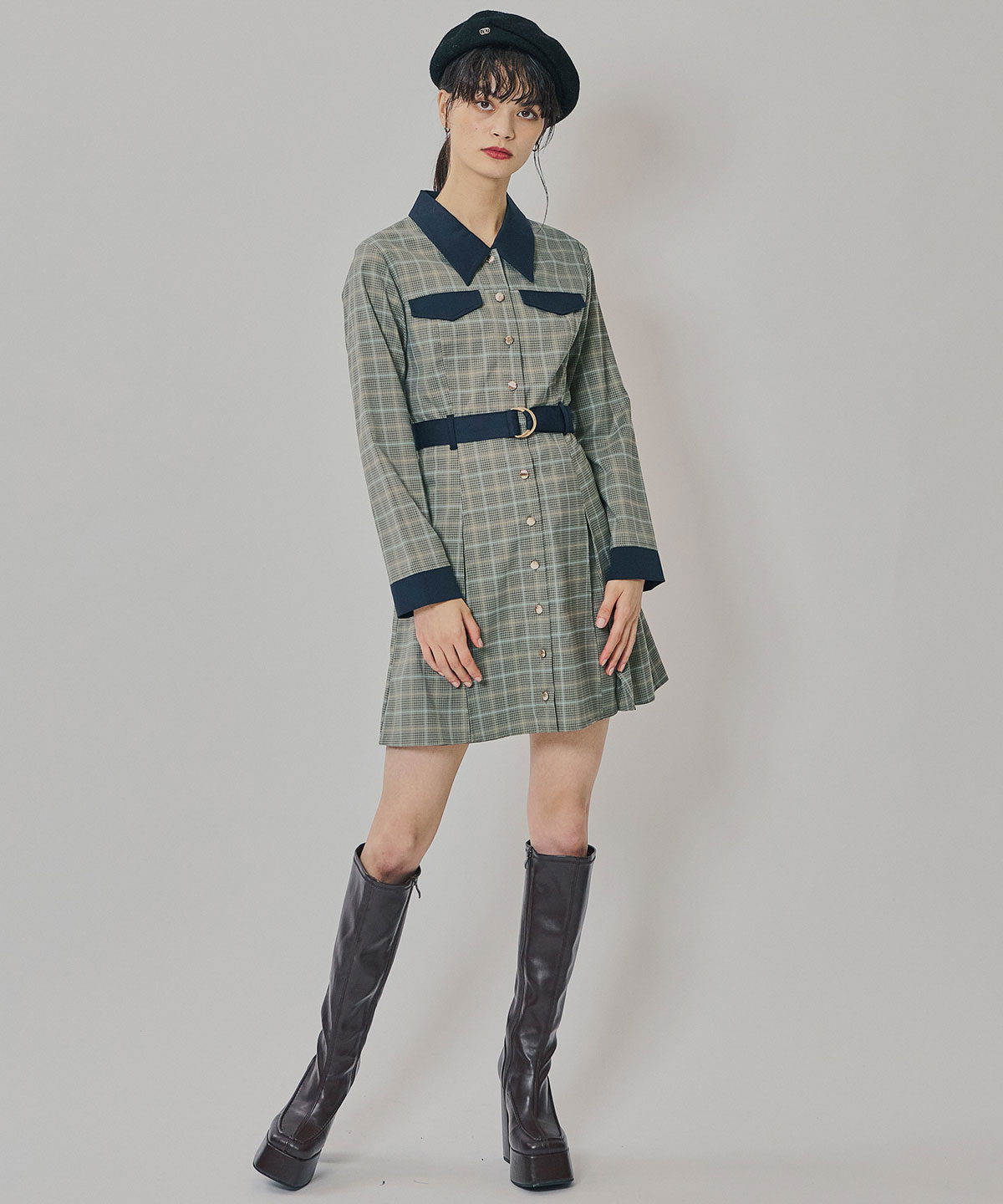 バイカラーチェックボックスプリーツシャツミニワンピース