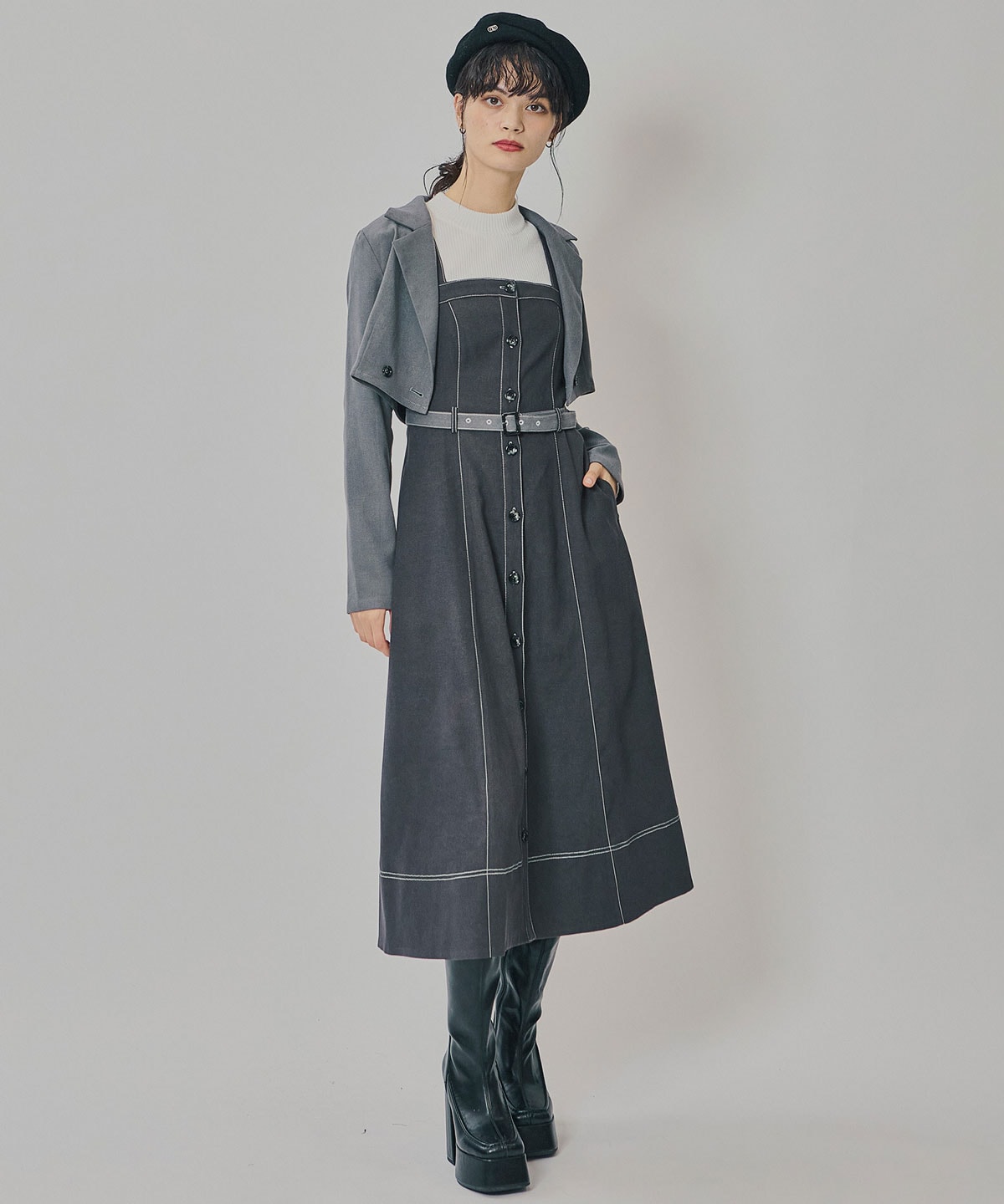 スエードライクショートジャケット×バイカラーワンピースセットアップ