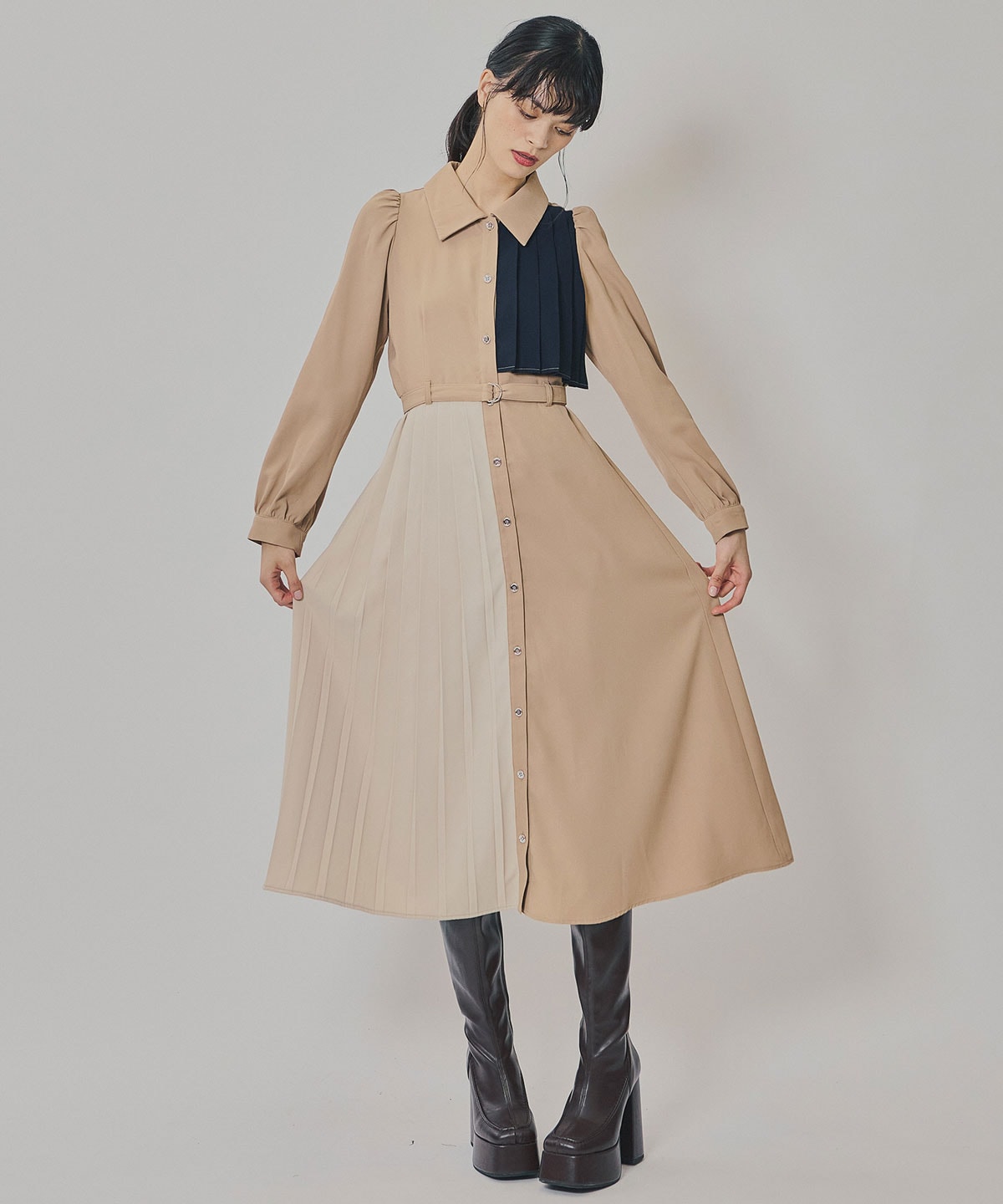 カラーブロックパネルアシメプリーツワンピース