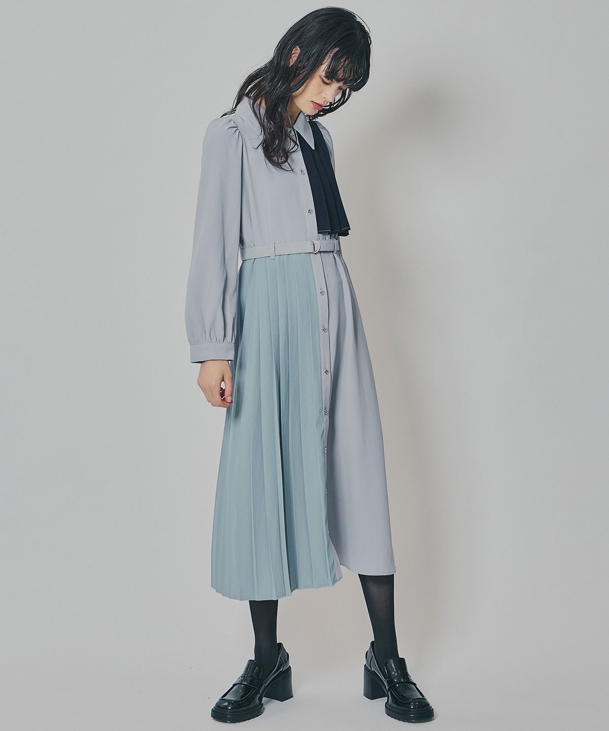 カラーブロックパネルアシメプリーツワンピース