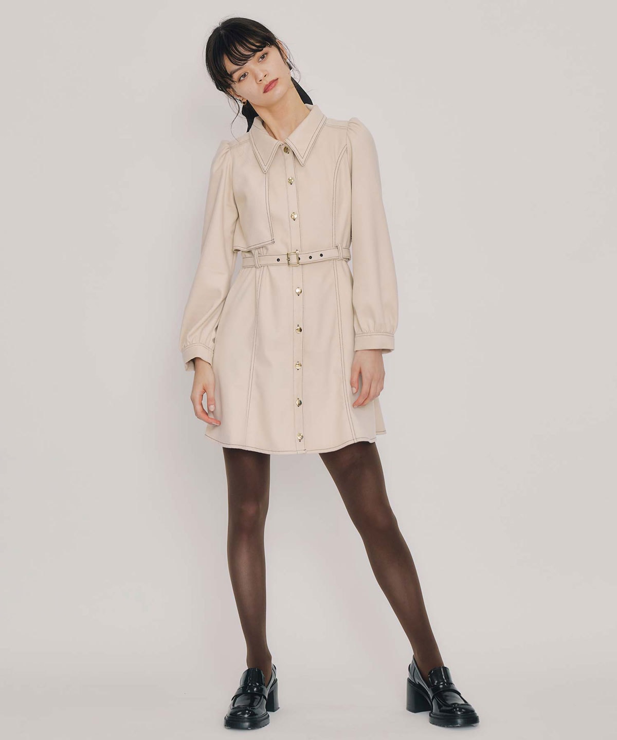 バイカラーステッチラインミニワンピース