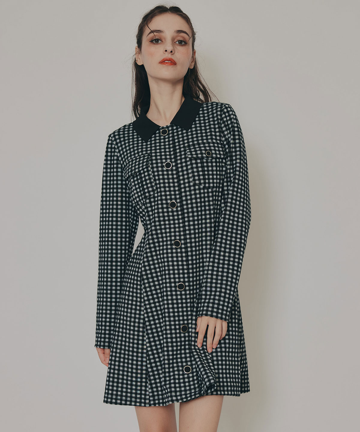 チェックバイカラーカットミニワンピース