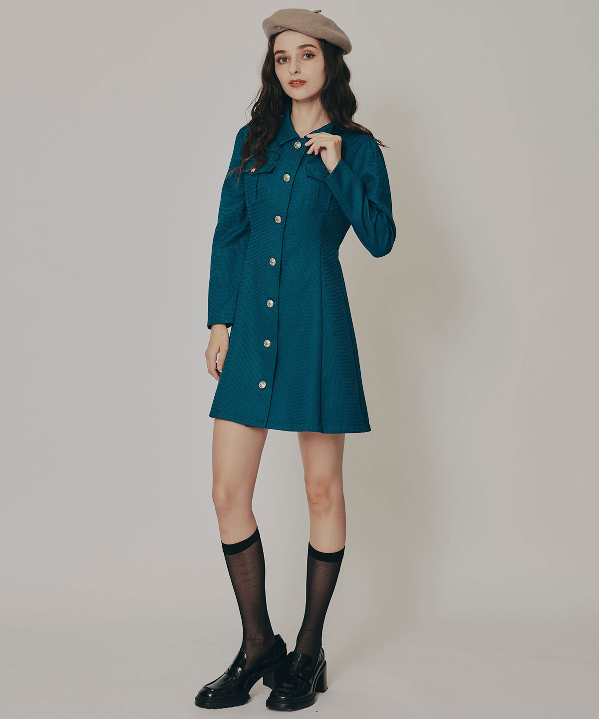 エンブレムボタンマイクロワッフルシャツワンピース