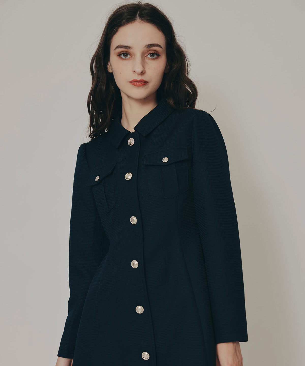 エンブレムボタンマイクロワッフルシャツワンピース