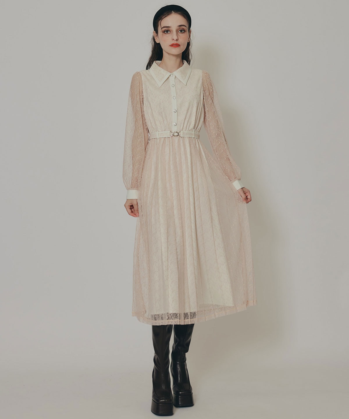 バイカラーレースプリーツロングスリーブワンピース