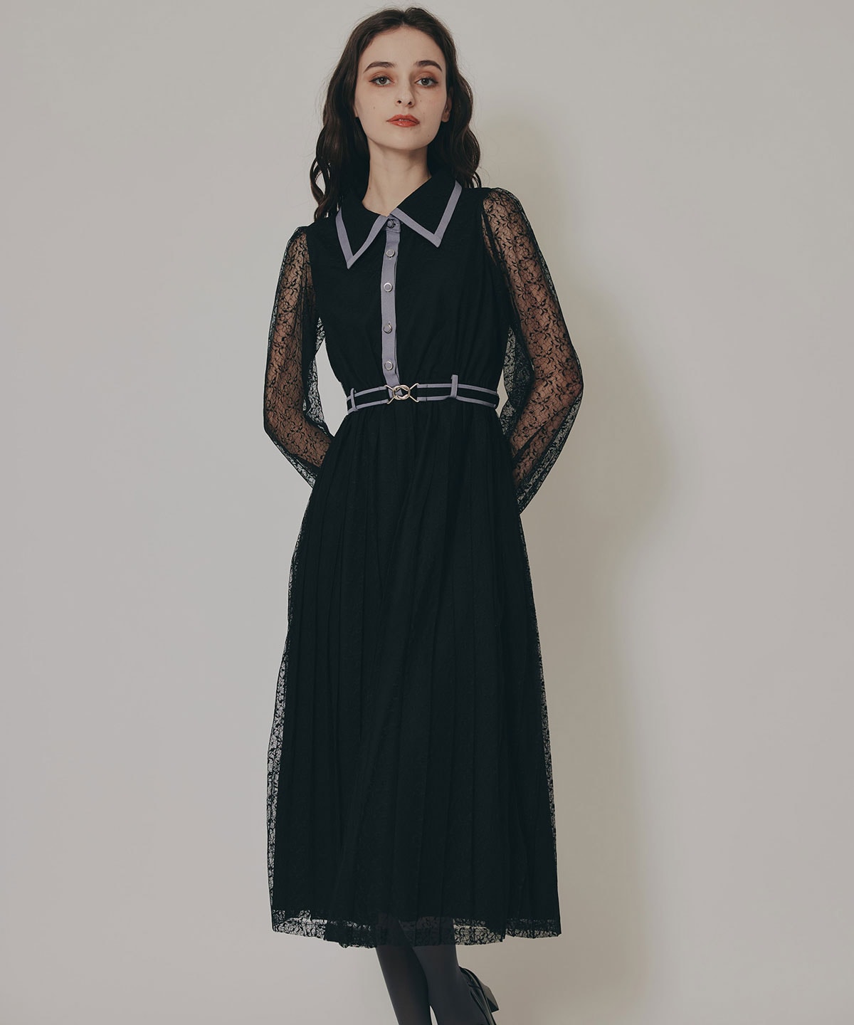 バイカラーレースプリーツロングスリーブワンピース