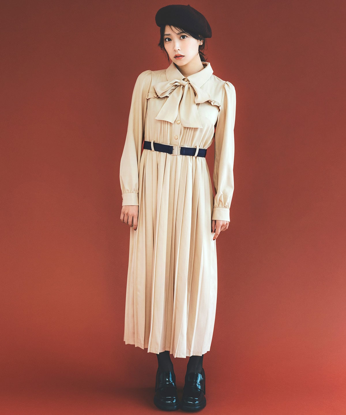 プリーツボウタイシャツロングワンピース