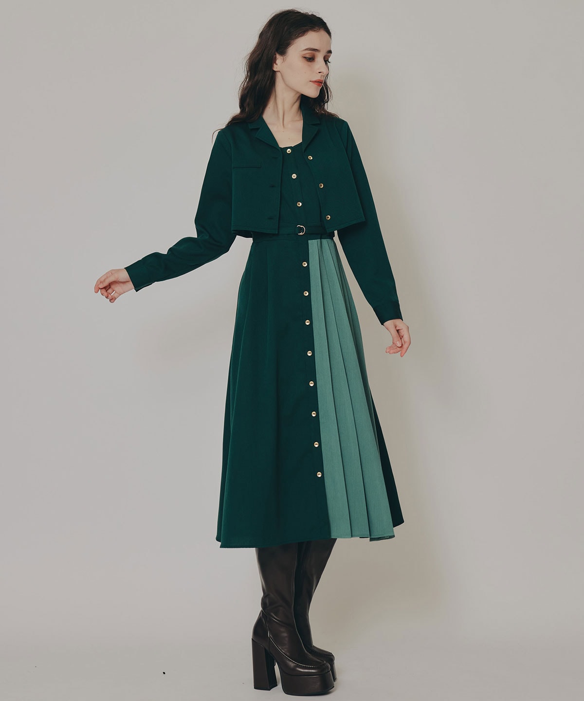 バイカラーアシメプリーツロングスリーブシャツワンピース