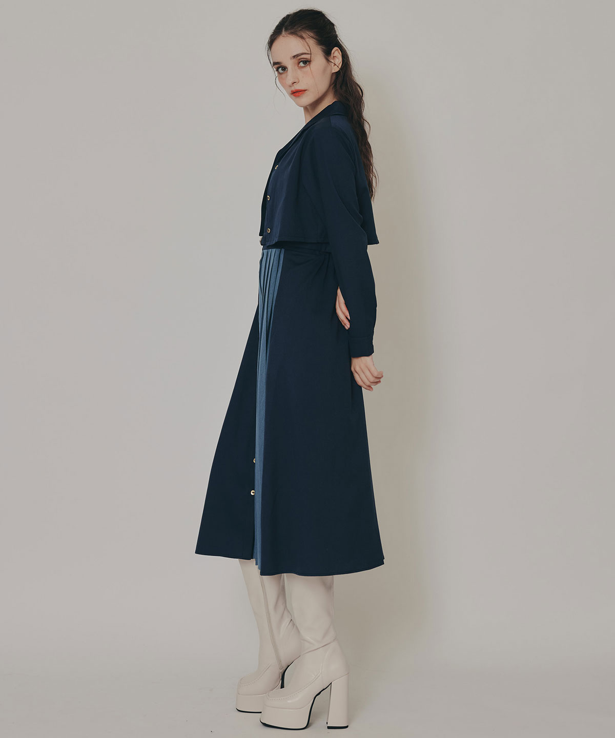 バイカラーアシメプリーツロングスリーブシャツワンピース