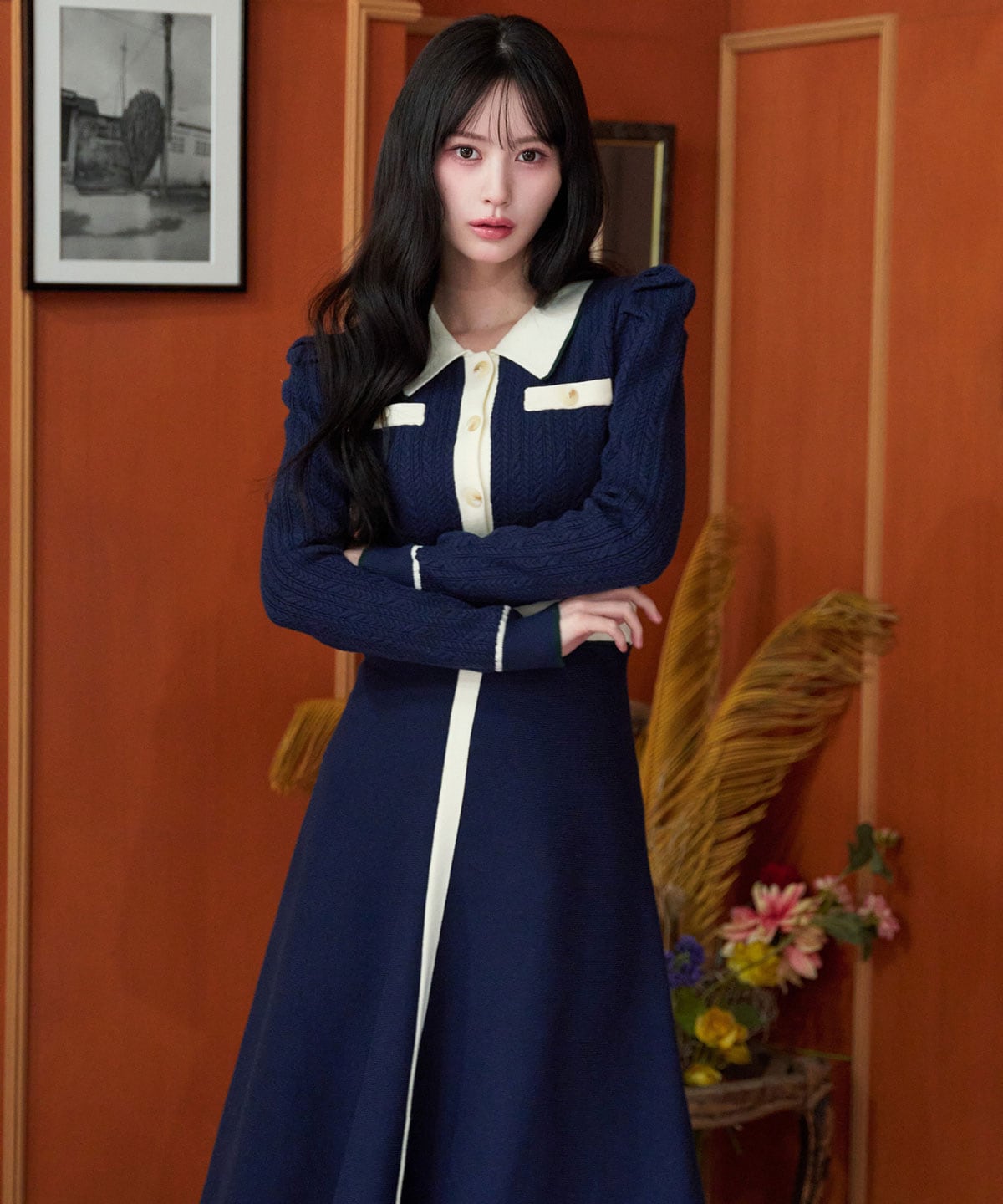 マルチケーブルバイカラーニットワンピース