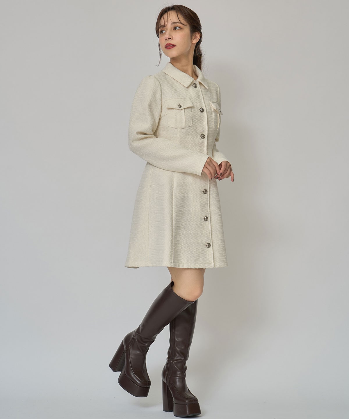 エンブレムボタンツイードシャツミニワンピース