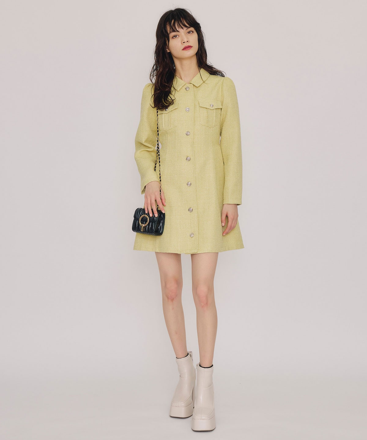 エンブレムボタンツイードシャツミニワンピース