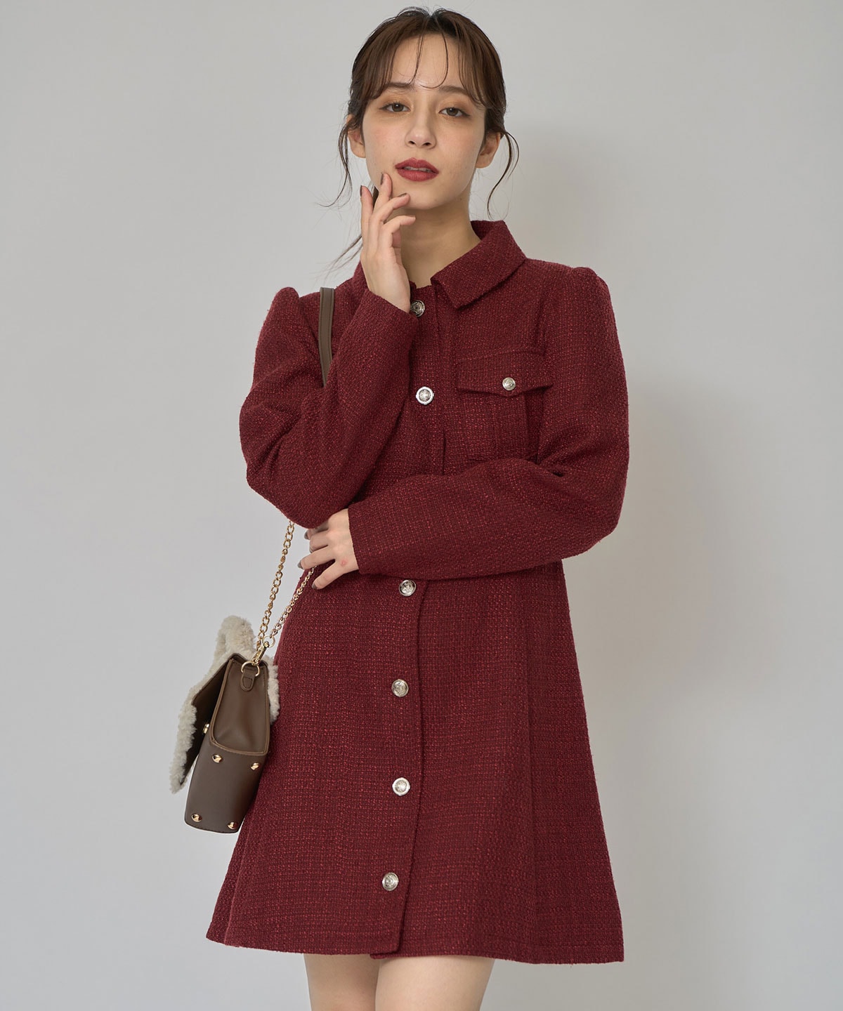 エンブレムボタンツイードシャツミニワンピース