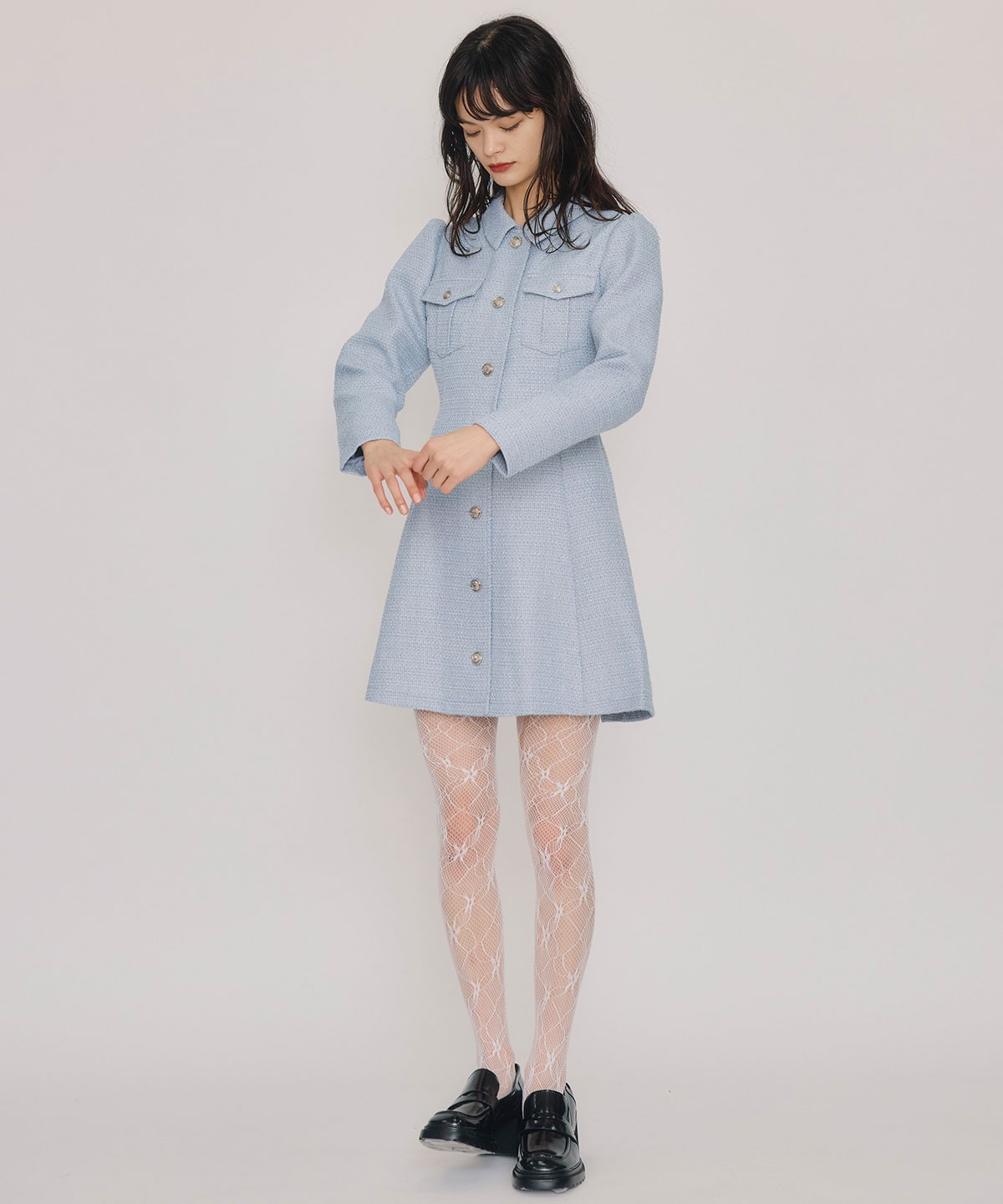 エンブレムボタンツイードシャツミニワンピース