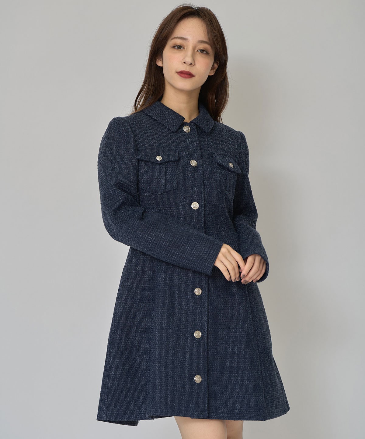 エンブレムボタンツイードシャツミニワンピース