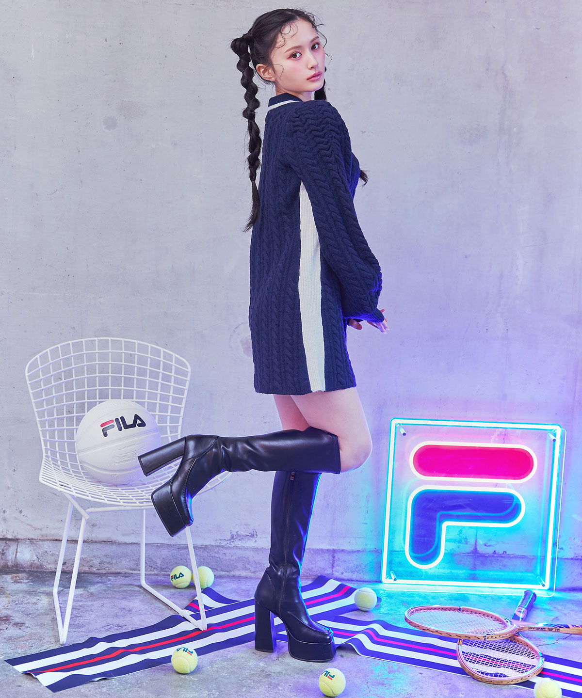 ［FILA×REDYAZEL］ケーブルニットポロミニワンピース