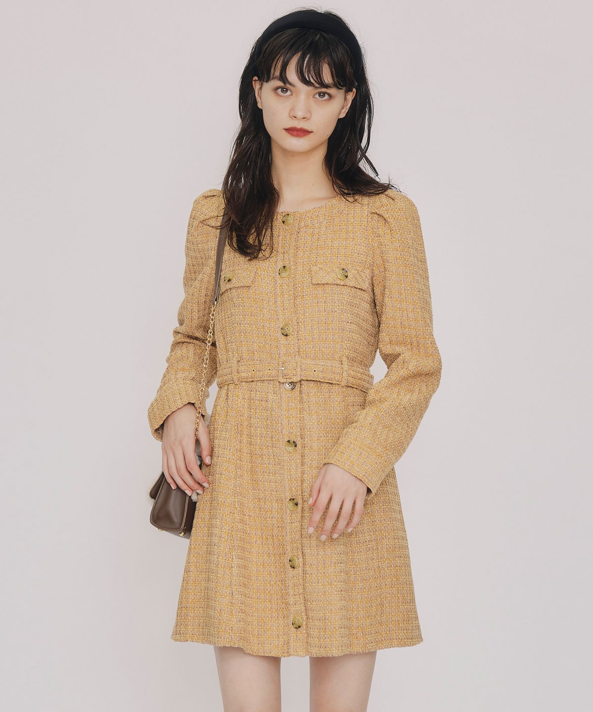 MIXツイードパフスリーブミニワンピース