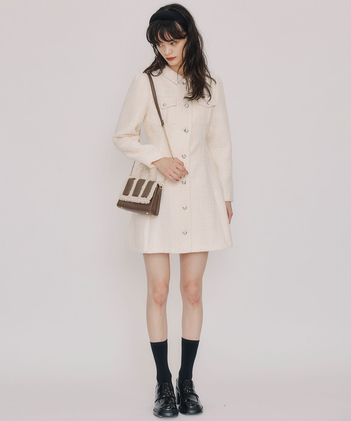 ビジューボタンファンシーツイードシャツミニワンピース