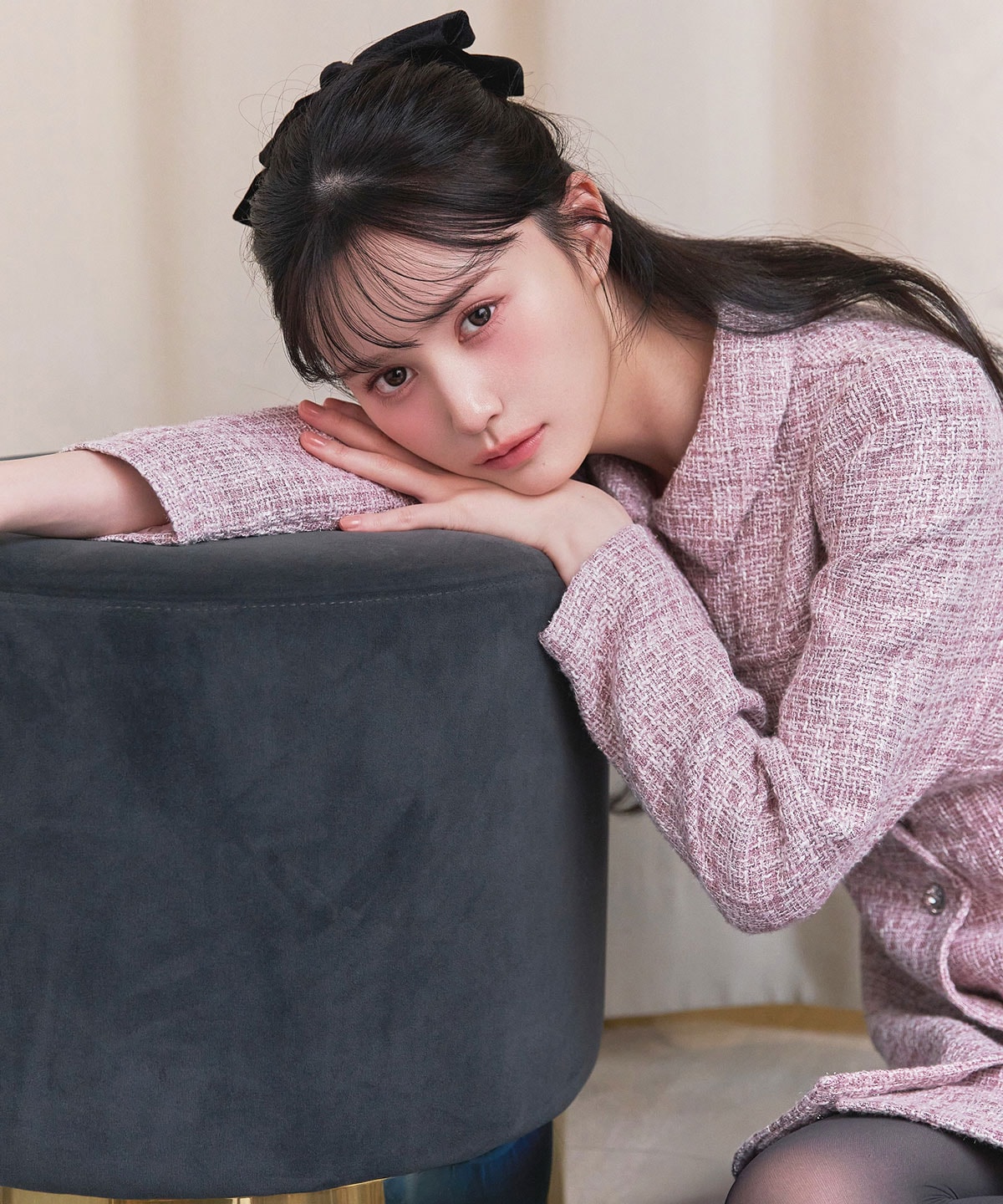 ビジューボタンファンシーツイードシャツミニワンピース