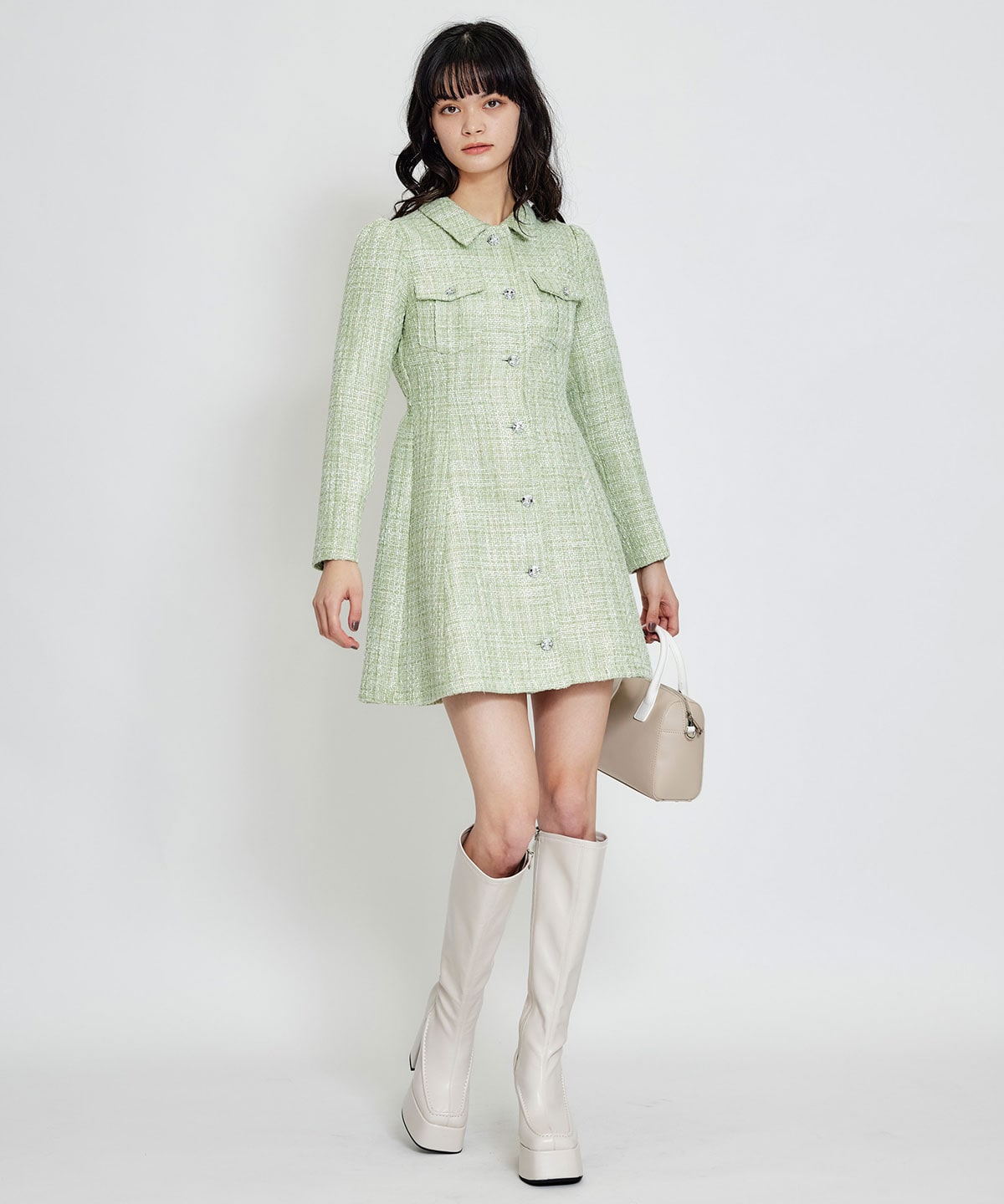 ビジューボタンファンシーツイードシャツミニワンピース