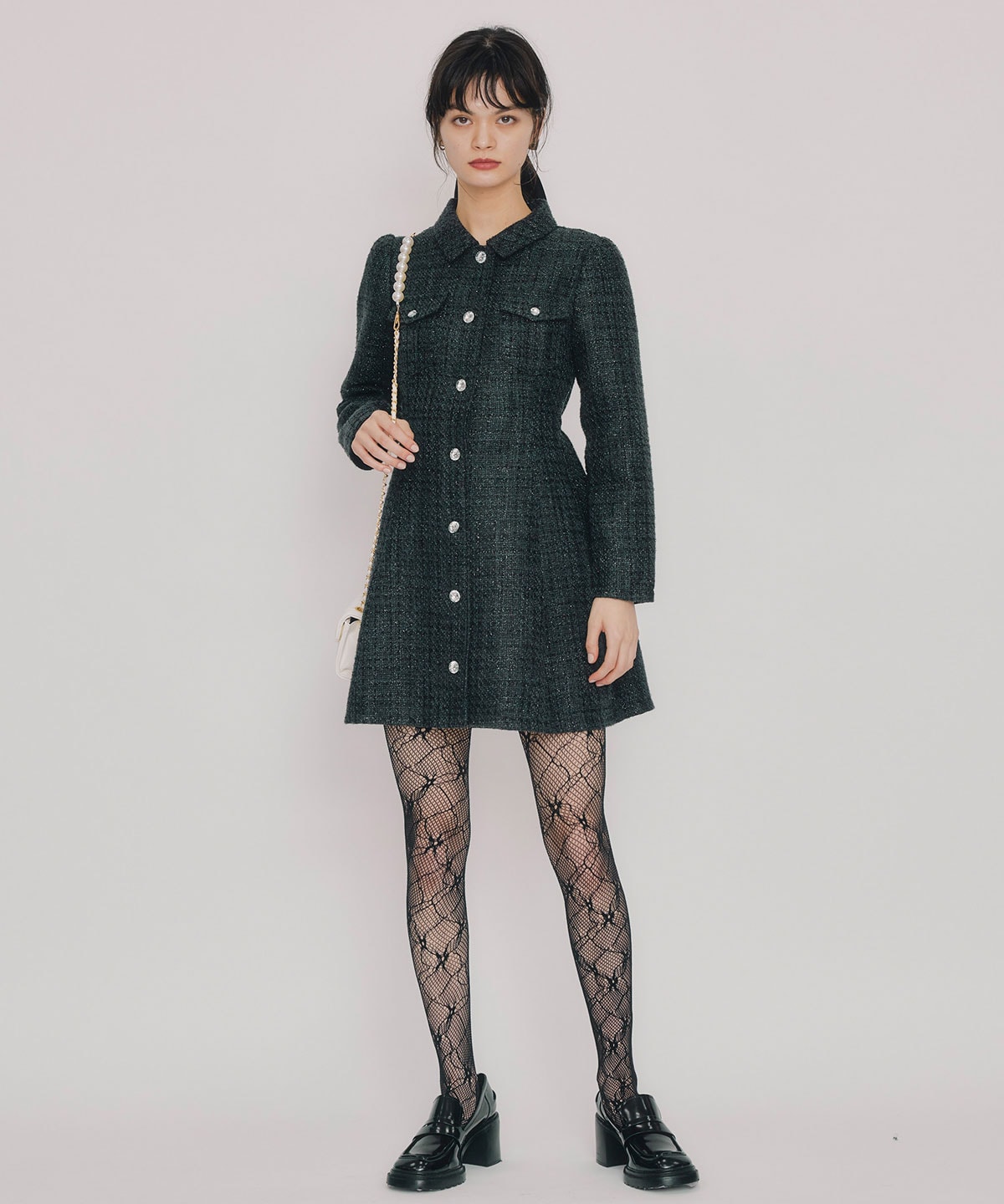 ビジューボタンファンシーツイードシャツミニワンピース