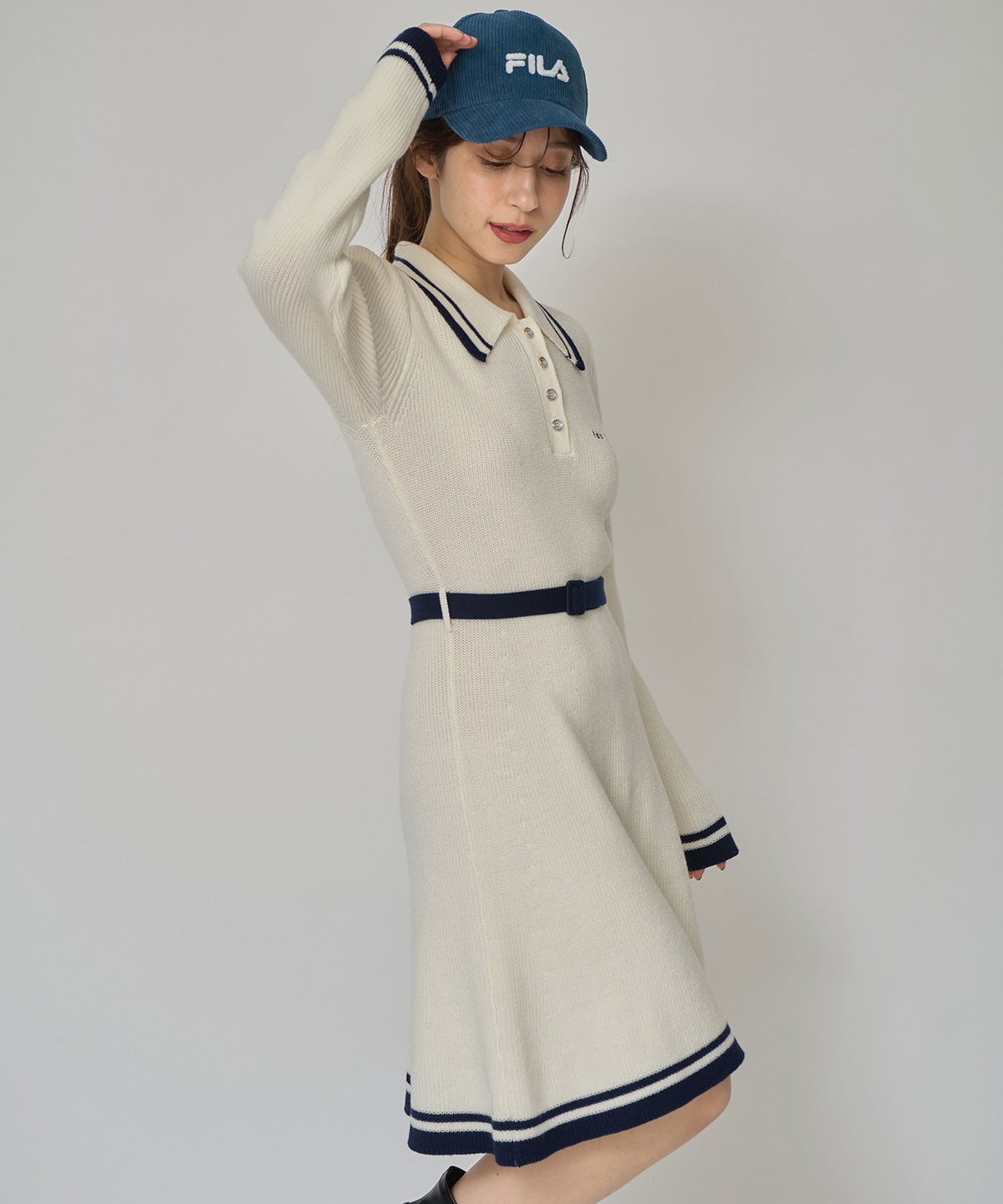 バイカラーポロニットロングスリーブミニワンピース